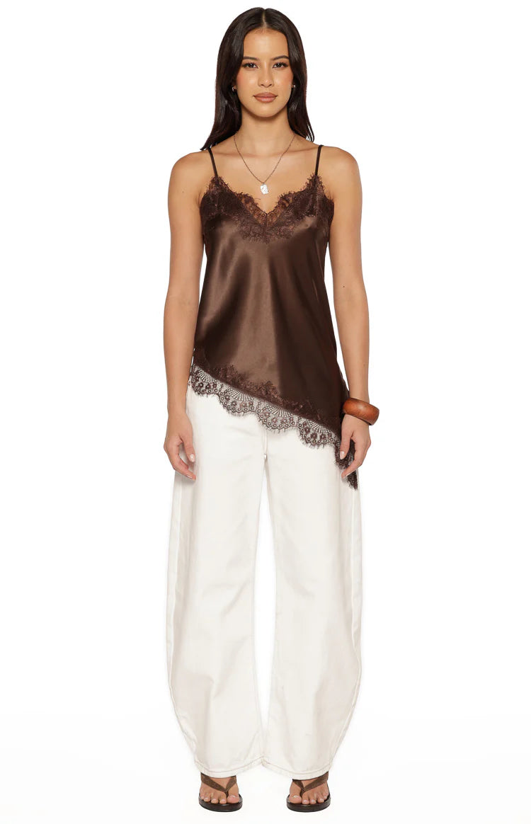 Ziva Brown Satin Lace Asymmetrical Top Image