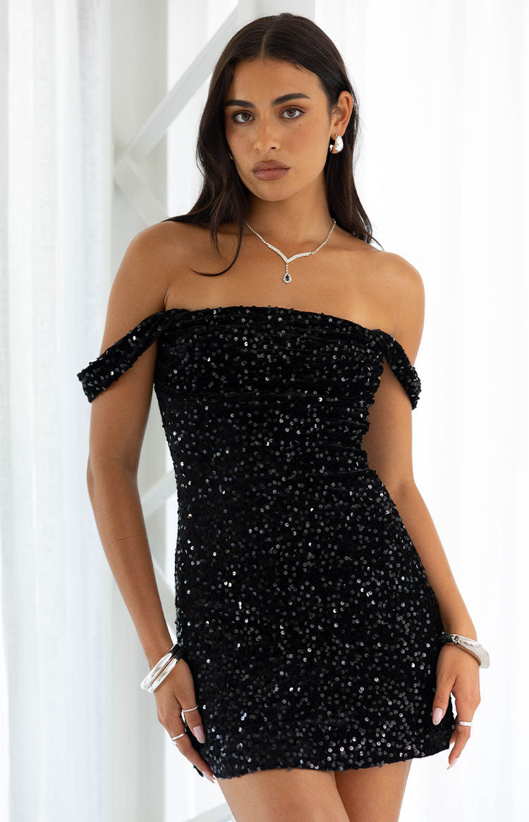 Beginning Boutique Zoella Black Velvet Sequin Off The Shoulder Mini Dress black velvet sequin off-the-shoulder fitted mini dress