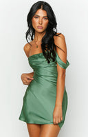 Beginning Boutique Zoella Green Off The Shoulder Mini Dress green satin off-shoulder draped neckline mini dress
