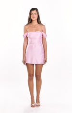 Light pink off-the-shoulder mini dress with a ruched sweetheart neckline and fitted A-line skirt