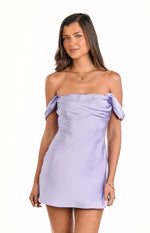 Lilac off-the-shoulder mini dress with a ruched bust and smooth satin-like fabric