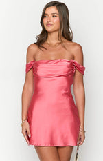 Front view of a pink satin off-the-shoulder mini dress with a draped and ruched neckline