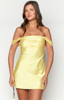 Beginning Boutique Zoella Yellow Off The Shoulder Mini Dress yellow satin off-shoulder mini dress with ruched bust