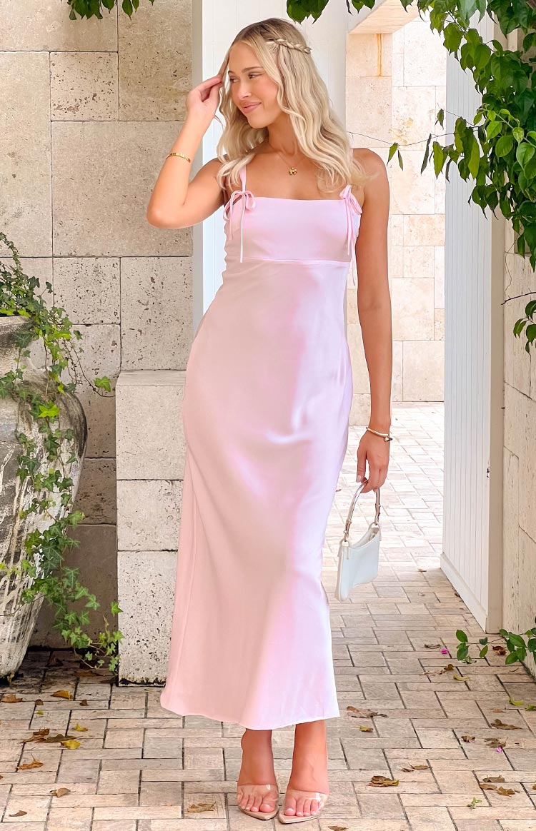 Beginning Boutique Zya Light Pink Satin Maxi Dress light pink satin square neck maxi dress with tie shoulder straps