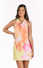 Zyla Yellow Hibiscus Floral Print Cowl Mini Dress Image