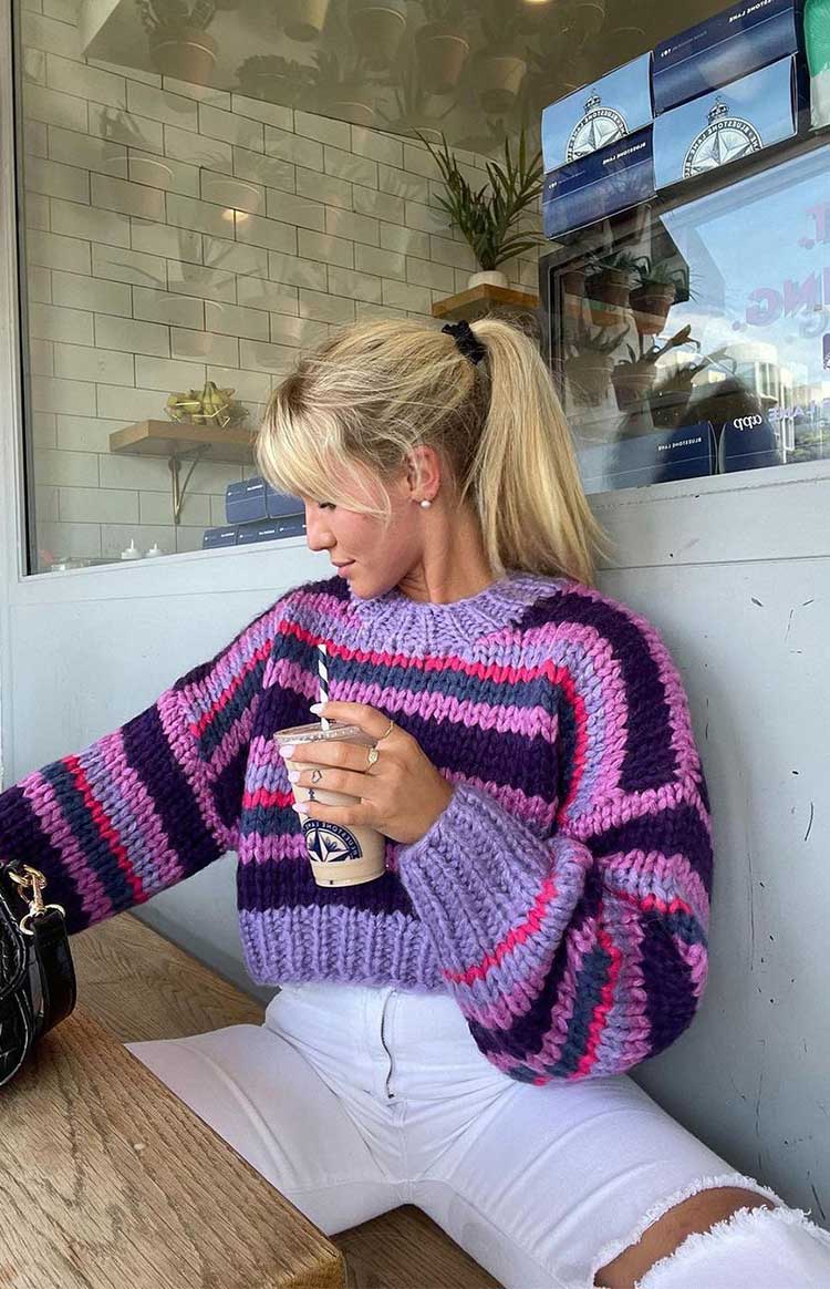 Beginning Boutique Belmont Stripe Sweater Purple chunky knit crew neck long sleeve cropped sweater with purple and pink strip