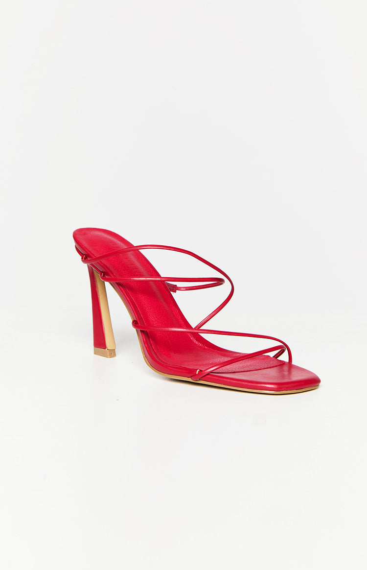 Side view of a red strappy high heel with a square toe and a two-tone block heel