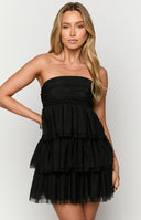 Beginning Boutique Birthday Girl Black Mini Party Dress black strapless bandeau bodice tiered tulle mini dress
