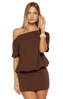 Beginning Boutique Bisou Brown Off Shoulder Mini Dress brown draped one-shoulder mini dress with a relaxed top and fitted ski