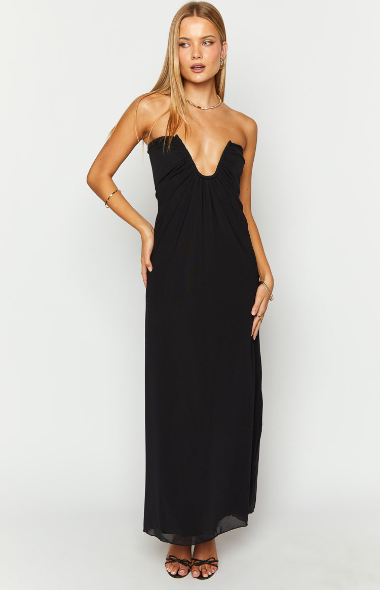 Black strapless maxi dress with a deep V-neckline and ruched bust, flowing to the floor
