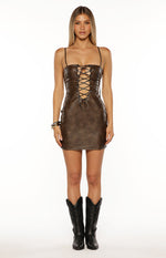 Britany Vintage Brown PU Lace Up Mini Dress Image