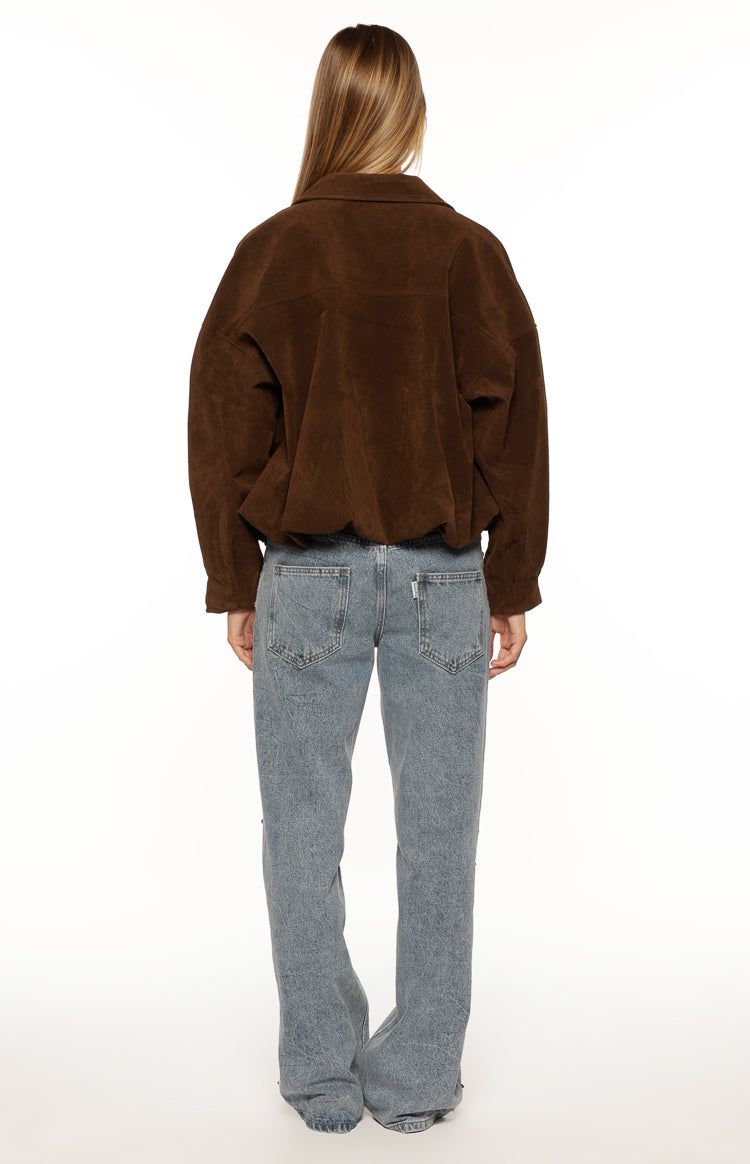 Brookie Brown Suedette Cuff Sleeve Bomber Jacket Image