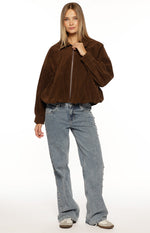Brookie Brown Suedette Cuff Sleeve Bomber Jacket Image