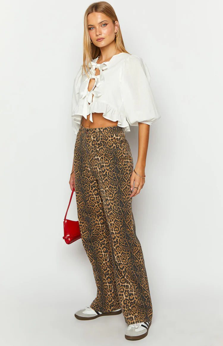 Brunet leopard print straight leg jeans showing the full length and relaxed drape