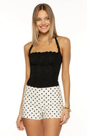 Beginning Boutique Brynn White Polka Dot Shorts white high-waisted mini shorts with black polka dots