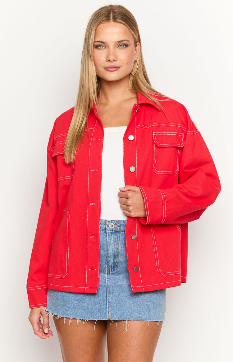 Callie Red Denim Jacket Beginning Boutique NZ