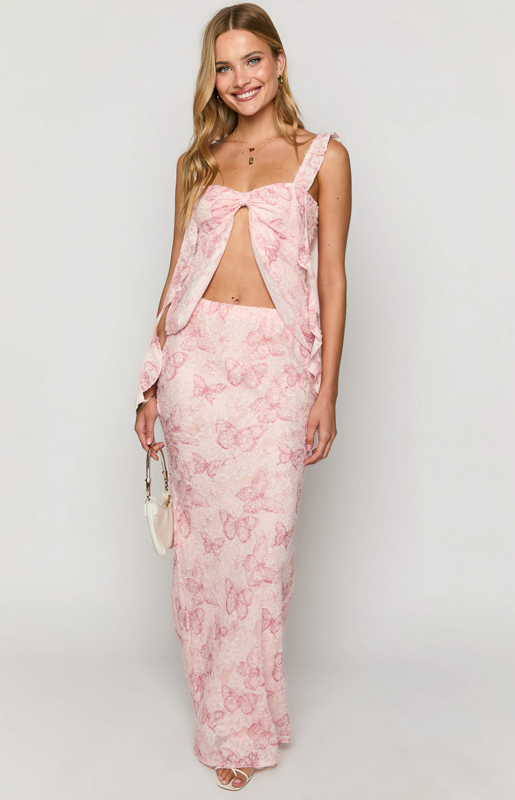 Pink butterfly print chiffon cropped top with a square neckline, tie-front detail, and ruffled shoulder straps