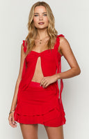 Beginning Boutique Caspian Red Chiffon Mini Skirt red chiffon mini skirt with tiered ruffle hem