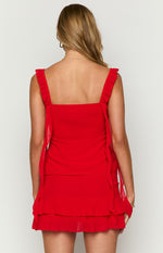 Back view of the red chiffon mini skirt with a layered design and ruffled tiers