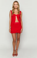 Beginning Boutique Caspian Red Chiffon Top red chiffon top with sweetheart neckline, central knot detail, front cutout, and ruffled straps