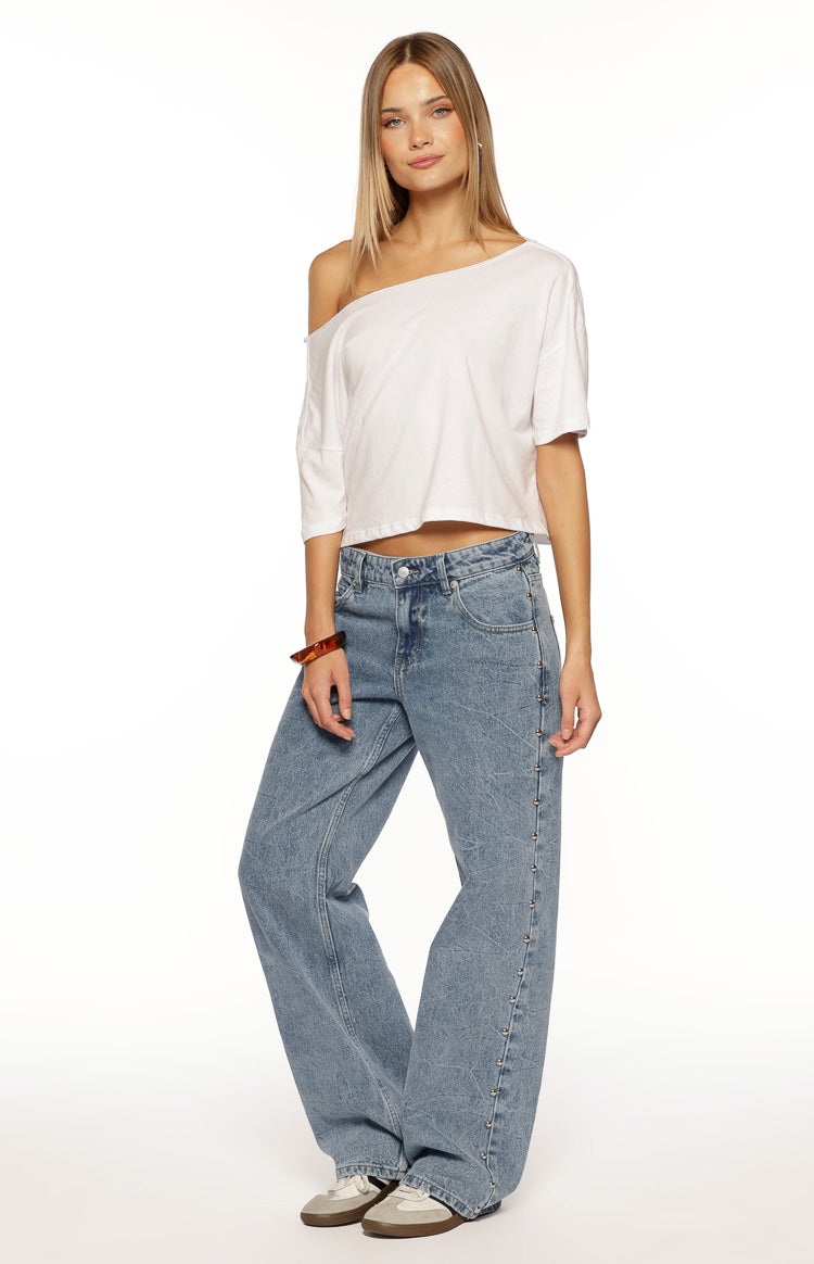 Charli Mid Wash Denim Studded Low Waist Baggy Leg Jeans Image