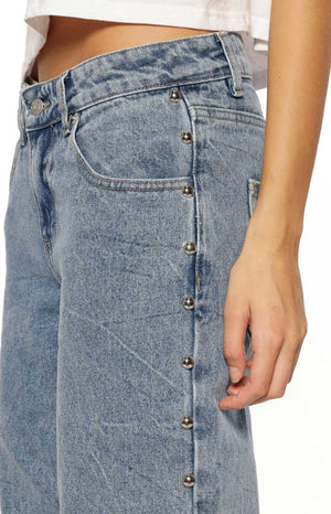 Charli Mid Wash Denim Studded Low Waist Baggy Leg Jeans