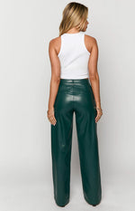 Rear view of forest green PU wide-leg pants with a high waist and back welt pockets