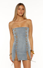 Danica Light Wash Denim Lace Up Strapless Mini Dress Image