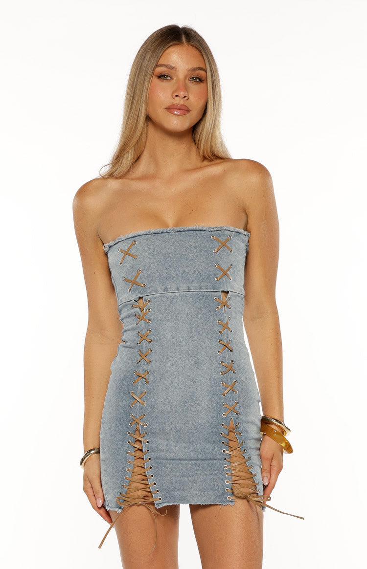 Danica Light Wash Denim Lace Up Strapless Mini Dress Image