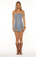 Danica Light Wash Denim Lace Up Strapless Mini Dress Image