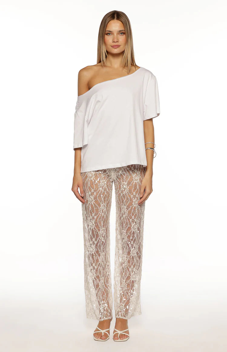 Dani White Sequin Lace Sheer Pants