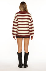 Daze Burgundy Stripe Polo Knit Sweater Image
