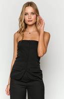 Beginning Boutique Dien Black Strapless Button Up Top black strapless button-front top with a fitted waistcoat style and front flap pockets