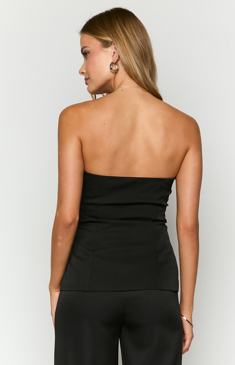 Rear view of a black strapless top with a straight back neckline and fitted silhouette, showing vertical seams