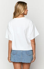 Back view of a plain white short sleeve tee with a simple crew neck and a relaxed, slightly oversized fit