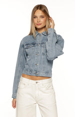 Elana Mid Wash Cinched Waist Denim Jacket Image