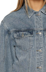 Elana Mid Wash Cinched Waist Denim Jacket Image