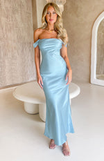 Blue off the shoulder maxi formal dress on Em Venz.