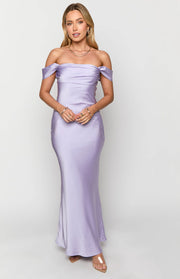 Lilac satin off shoulder maxi dress with a draped bodice and a fitted silhouette