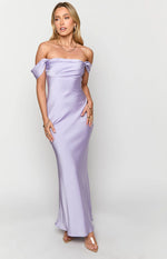 Lilac satin maxi dress with a folded and draped off-shoulder neckline and a form-fitting silhouette