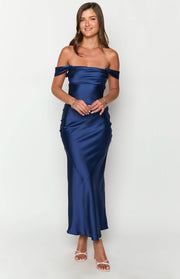 Navy satin off-shoulder maxi dress with a draped neckline and a fitted silhouette