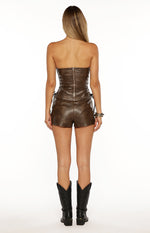 Eminara Vintage Brown PU Lace Up Shorts Image