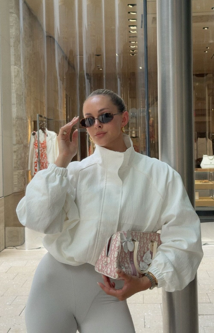 Beginning Boutique Enya Cream Funnel Neck Sports Jacket cream crinkled funnel neck full zip oversized cropped sports jacket w