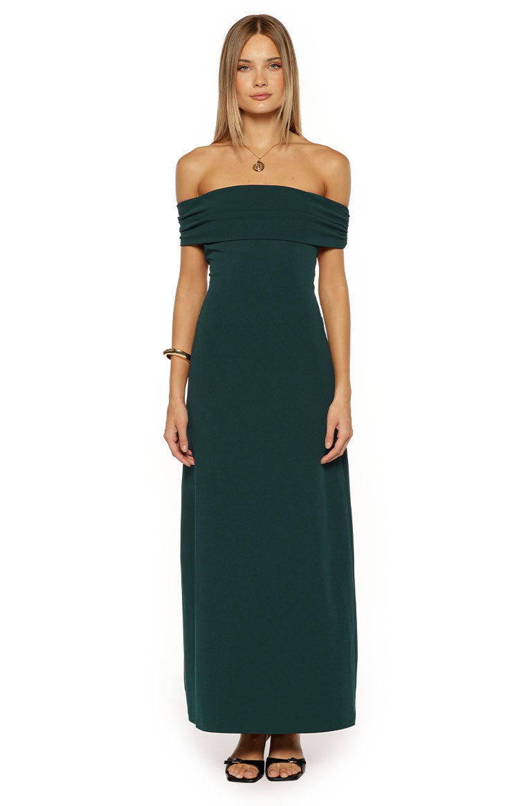 Teal crepe off-the-shoulder maxi dress featuring a folded neckline and a sleek, straight silhouette