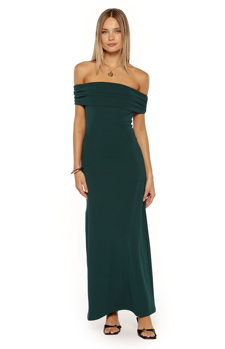 Beginning Boutique Erica Teal Crepe Off the Shoulder Maxi Dress teal crepe off-shoulder maxi dress with ruched bodice and fitted silhouette