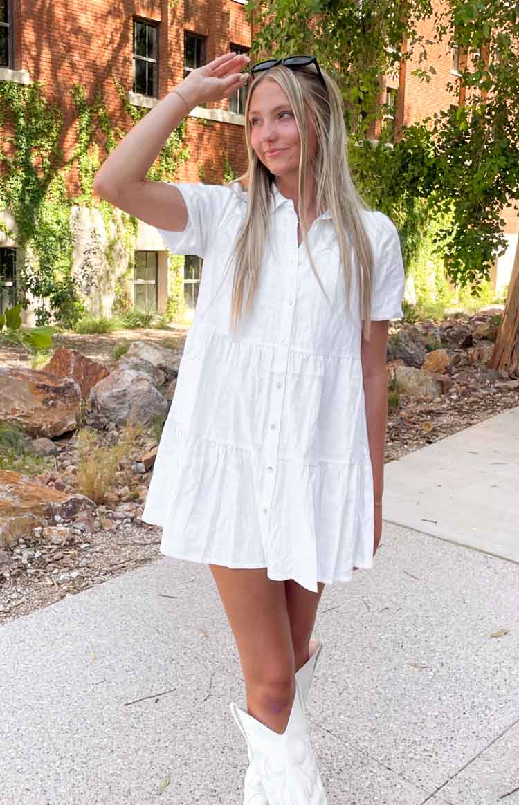 Frances White Linen Tiered Dress | Beginning Boutique NZ Frances White Linen Tiered Dress | Beginning Boutique NZ