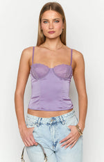 Front view of a purple satin corset top with lace sweetheart neckline, thin spaghetti straps, and boning detail