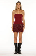 Halo Burgundy Strapless Fur Mini Dress Image