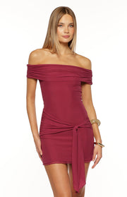 Heather burgundy ribbed off-shoulder mini dress with ruched neckline and front wrap tie detail