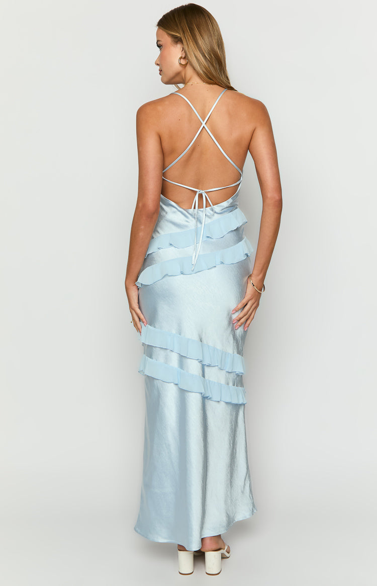 Rear view of a light blue satin maxi dress with criss-cross tie-back straps and tiered ruffles